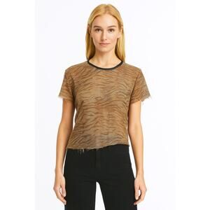 IRO Lamb skin animal print crew neck raw hem & sleeves T-shirt tan brown medium